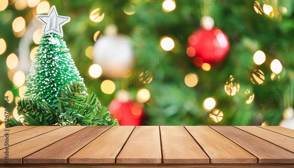 Charming Empty Wooden Table with a Festive Christmas Tree and Beautiful Bokeh Background, Perfect for Holiday Decor and Seasonal Celebrations, Evoking Warmth and Joy Charming Empty Wooden Table with a Festive Christmas Tree and Beautiful Bokeh Background, Perfect for Holiday Decor and Seasonal Celebrations, Evoking Warmth and Joy