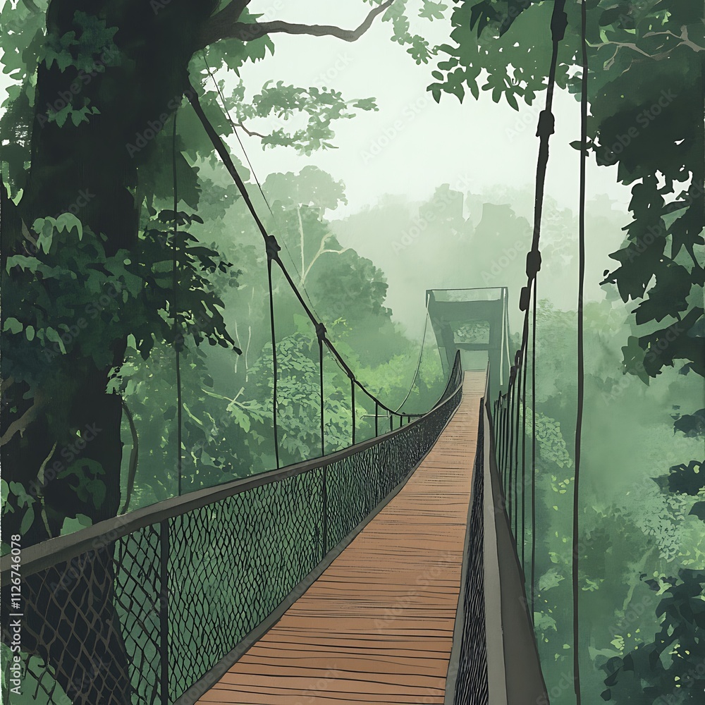 Obraz premium A Misty Suspension Bridge Leading Through a Lush Rainforest Canopy.