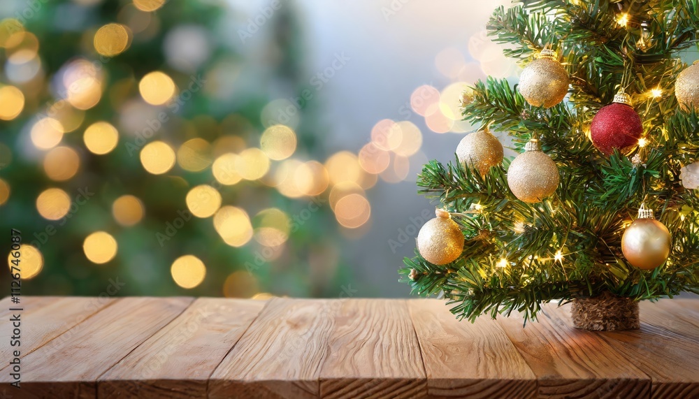 An empty wooden table adorned with a beautifully decorated Christmas tree, featuring a soft bokeh background that enhances the festive atmosphere, creating a warm and inviting holiday scene. An empty wooden table adorned with a beautifully decorated Christmas tree, featuring a soft bokeh background that enhances the festive atmosphere, creating a warm and inviting holiday scene.