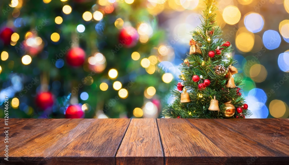A Serene Empty Wooden Table Surrounded by a Beautifully Decorated Christmas Tree with Bokeh Lights in the Background, Perfect for Holiday Gatherings and Festive Decor Inspiration A Serene Empty Wooden Table Surrounded by a Beautifully Decorated Christmas Tree with Bokeh Lights in the Background, Perfect for Holiday Gatherings and Festive Decor Inspiration