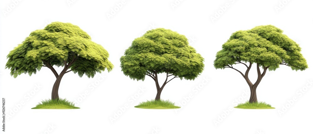 Fototapeta premium Three Lush Green Trees Isolated on White Background, Perfect for Nature Designs