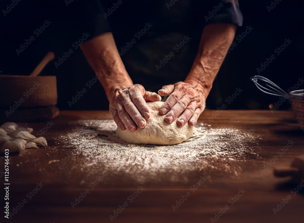 A chef's hands knead dough on a wooden table, flour dusting the surface. The scene is dark and moody, highlighting the process of baking. A chef's hands knead dough on a wooden table, flour dusting the surface. The scene is dark and moody, highlighting the process of baking.