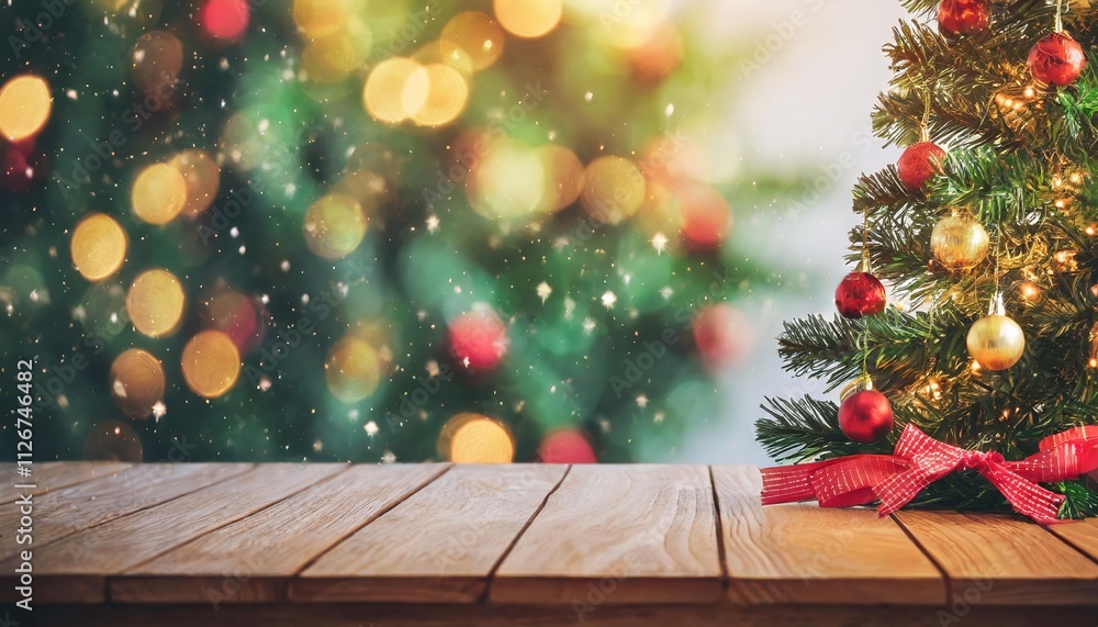A Serene Empty Wooden Table with a Christmas Tree in the Background, Enhanced by Beautiful Bokeh Lights Creating a Warm Holiday Atmosphere A Serene Empty Wooden Table with a Christmas Tree in the Background, Enhanced by Beautiful Bokeh Lights Creating a Warm Holiday Atmosphere