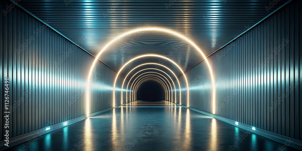 Fototapeta premium Futuristic Corridor with Glowing Neon Archways and Reflective Floor