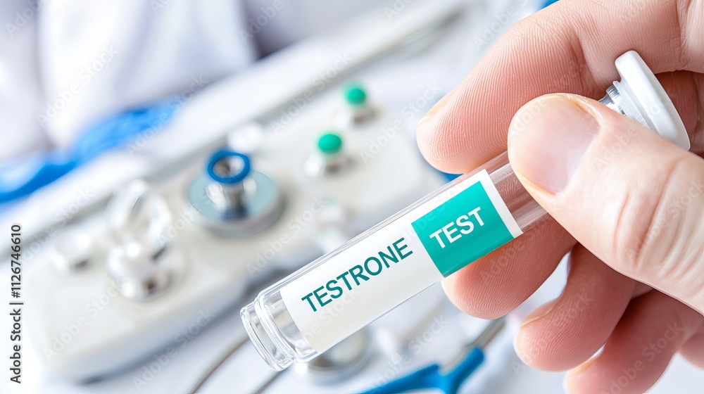 Close-up of a hand holding a test tube labeled 'Testrone Test' in a medical setting. Close-up of a hand holding a test tube labeled 'Testrone Test' in a medical setting.