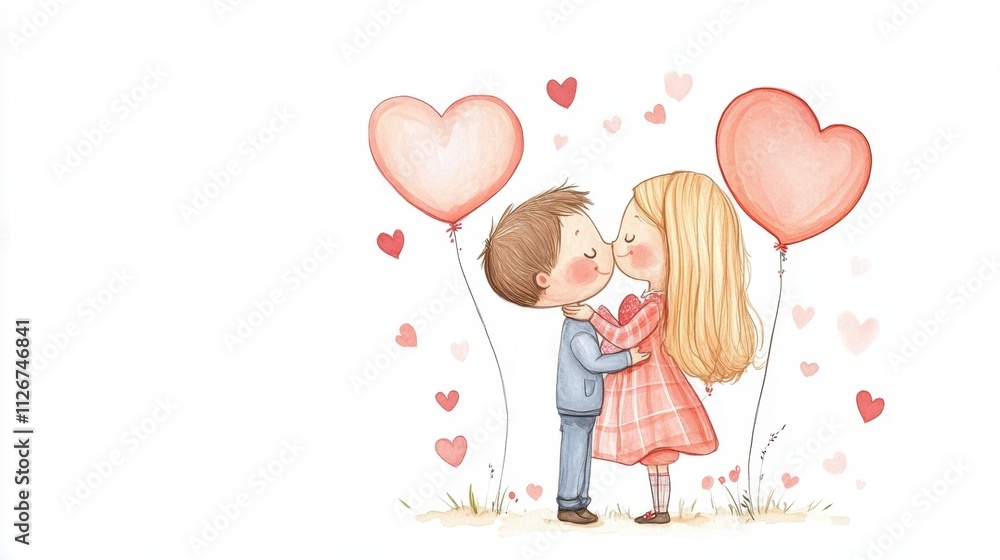 Children kissing with heart balloons in a romantic setting. Children kissing with heart balloons in a romantic setting.