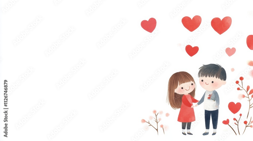 Cute couple surrounded by hearts and flowers in a romantic setting. Cute couple surrounded by hearts and flowers in a romantic setting.