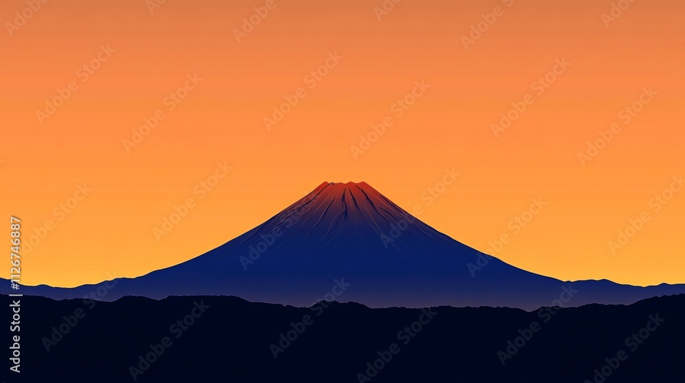 Fototapeta premium Majestic Mount with Dark Silhouette Against Vibrant Deep Orange Sunset Sky