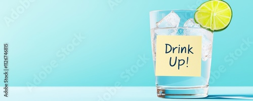 Water intake concept with hydration reminder. Refreshing drink in a glass with a lime and a sticky note saying 