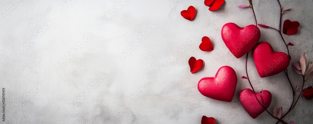 A Romantic Composition of Red Hearts and Rose Petals for Celebrating Love and Affection A Romantic Composition of Red Hearts and Rose Petals for Celebrating Love and Affection