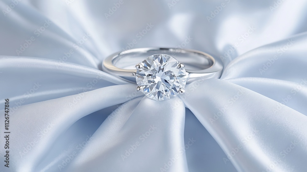 Elegant Solitaire Diamond Ring Resting on Luxurious Satin Pillow Elegant Solitaire Diamond Ring Resting on Luxurious Satin Pillow