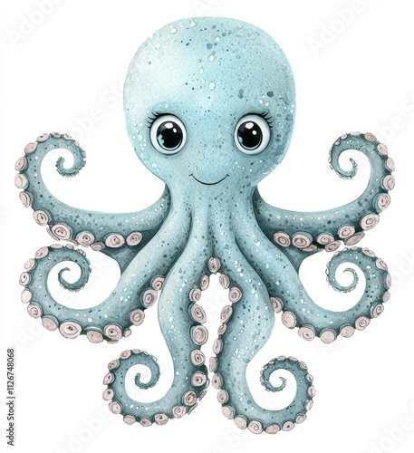 Adorable baby blue octopus, sea poulpe, devilfish with tentacles. Hand-drawn watercolor illustration. Isolated underwater creature for wall decal, poster, children's book illustration, print. photo