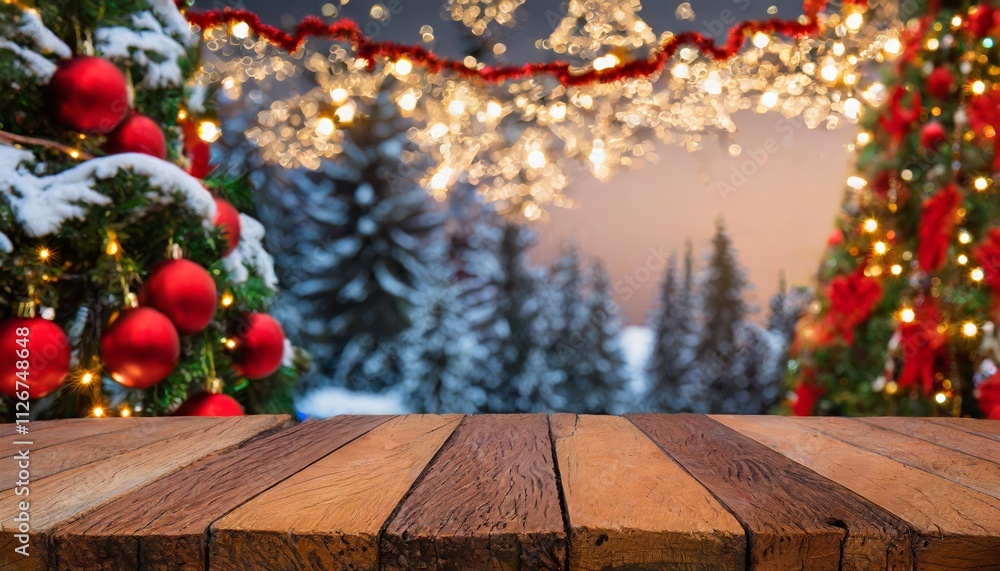 Empty Wooden Table with Christmas Theme in Background A Cozy Holiday Setting Perfect for Festive Gatherings, Family Dinners, and Seasonal Decor Inspiration for Your Home This Winter Season Empty Wooden Table with Christmas Theme in Background A Cozy Holiday Setting Perfect for Festive Gatherings, Family Dinners, and Seasonal Decor Inspiration for Your Home This Winter Season