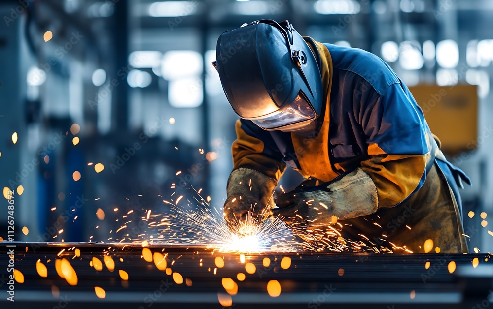 A welder works on a metal fabrication project in a factory, sparks flying from his torch. A welder works on a metal fabrication project in a factory, sparks flying from his torch.
