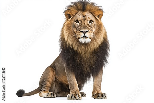 A lion (Panthera leo), aged 8, sits in front of a plain white background. Stock photo.