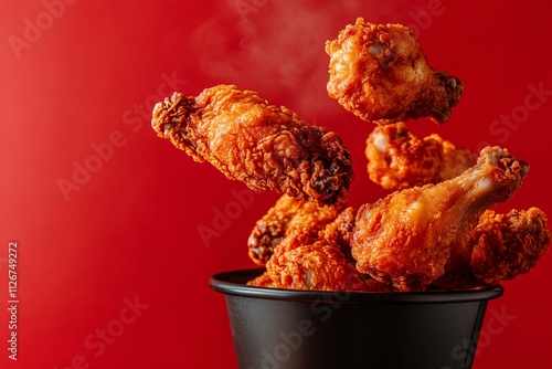Dynamic shot of crispy fried chicken falling, golden crust highlighting the movement and texture of the dish