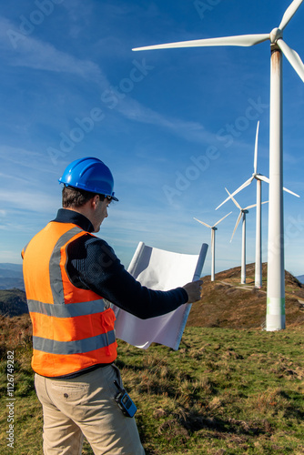 Engineer reading blueprints at wind turbine power plant generating green energy