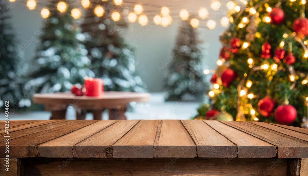 Empty Wooden Table with Christmas Theme in Background A Cozy and Inviting Setting for Holiday Gatherings, Featuring Festive Decorations, Warm Lighting, and Seasonal Cheer for Your Celebrations Empty Wooden Table with Christmas Theme in Background A Cozy and Inviting Setting for Holiday Gatherings, Featuring Festive Decorations, Warm Lighting, and Seasonal Cheer for Your Celebrations