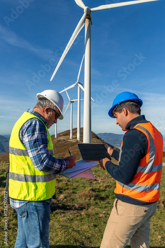 Engineers maintaining wind turbines for green energy production