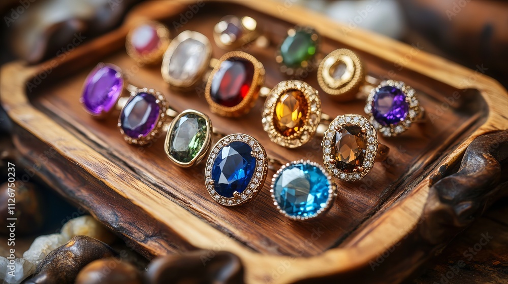 Exquisite Collection of Colorful Gemstone Rings Displayed on Wooden Tray Exquisite Collection of Colorful Gemstone Rings Displayed on Wooden Tray