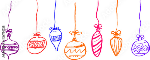 Christmas Ball Decorations Icons Crayon Chalk Drawing Vector Set