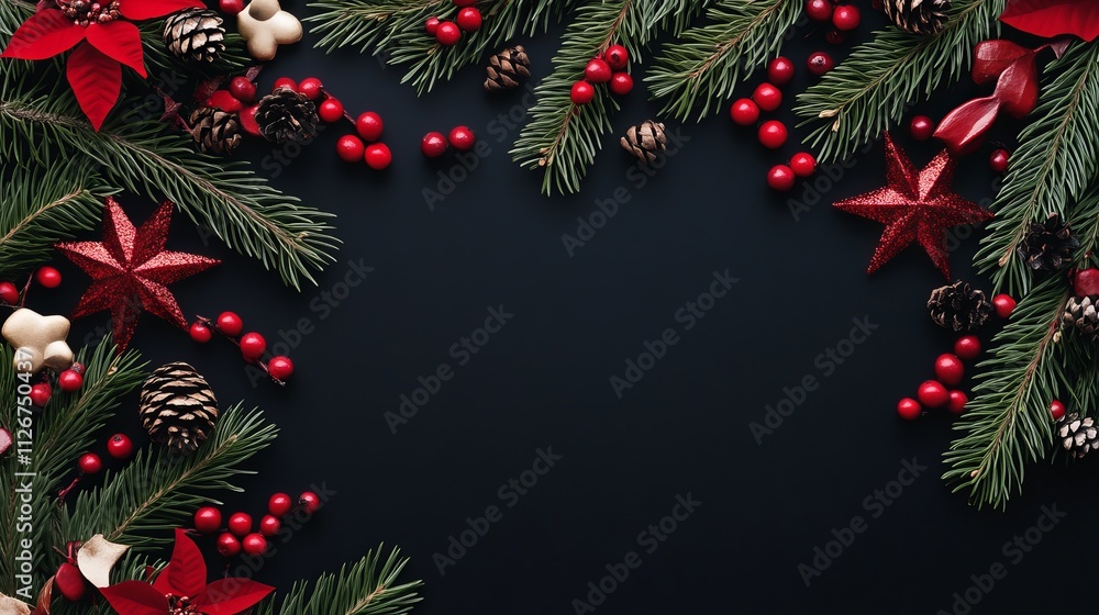 Elegant Minimalist Black Background with Holiday Decorations and Copyspace for Text Elegant Minimalist Black Background with Holiday Decorations and Copyspace for Text