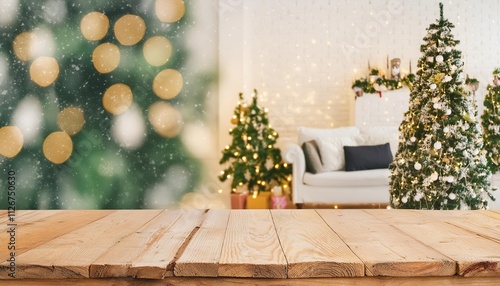 Empty Wooden Table Top with Abstract Warm Living Room Decor Featuring a Beautiful Christmas Tree and String Lights for a Cozy Holiday Atmosphere