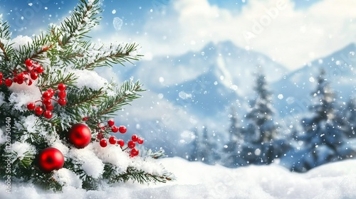 Festive Seasonal Scene with Holiday Decorations and Snowy Landscape Background