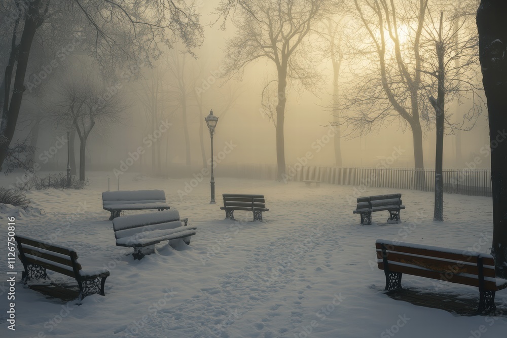 Snow-covered park benches amidst fog on a tranquil winter morning Snow-covered park benches amidst fog on a tranquil winter morning