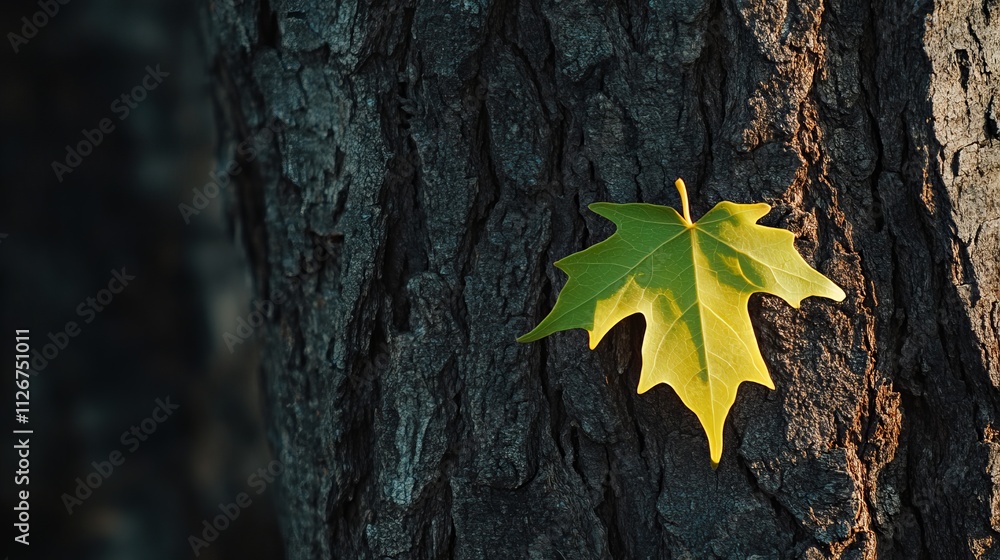 Bright Green Leaf on Dark Brown Tree Trunk Surrounded by Natural Outdoor Environment Bright Green Leaf on Dark Brown Tree Trunk Surrounded by Natural Outdoor Environment