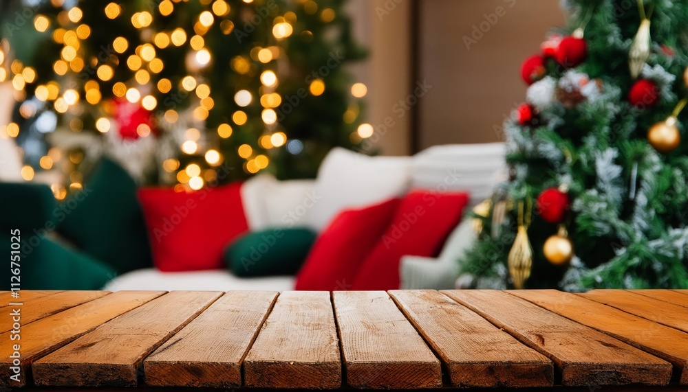 Cozy Empty Wooden Table Top Surrounded by Abstract Warm Living Room Decor Featuring a Beautifully Adorned Christmas Tree with String Lights for a Festive Atmosphere Cozy Empty Wooden Table Top Surrounded by Abstract Warm Living Room Decor Featuring a Beautifully Adorned Christmas Tree with String Lights for a Festive Atmosphere