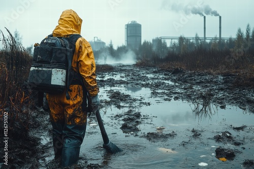 Person cleaning polluted reservoir in industrial area on a cloudy day photo