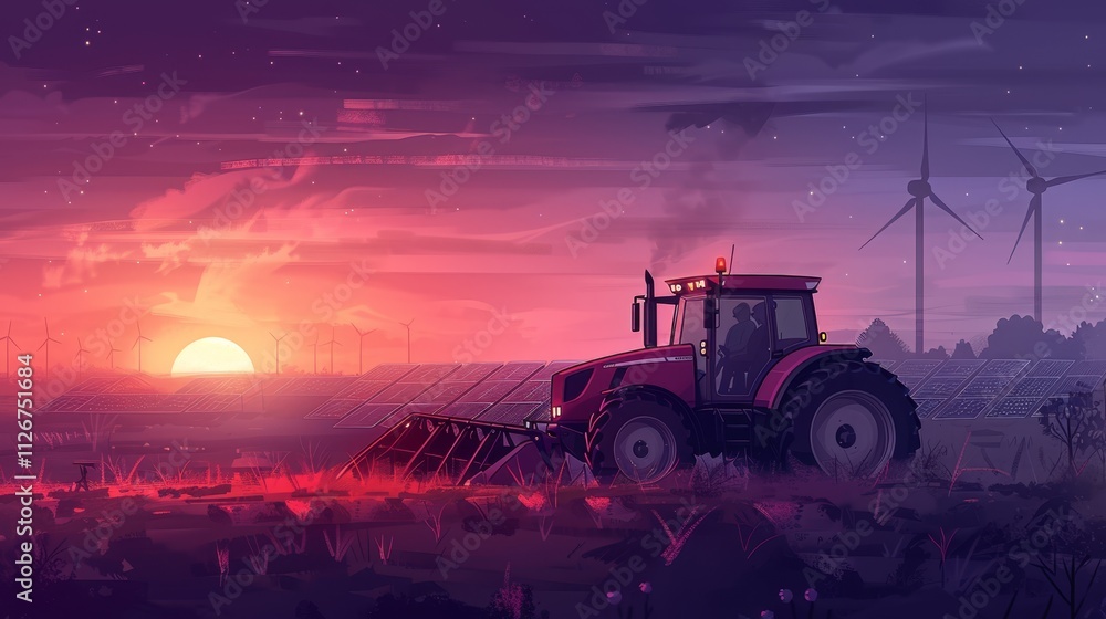 Red tractor plows field at sunset, blending agriculture with solar panels and wind turbines Red tractor plows field at sunset, blending agriculture with solar panels and wind turbines