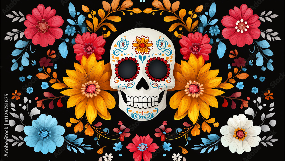Colorful skull surrounded by vibrant flowers, celebrating Day of Dead with intricate designs and rich colors, creating festive and lively atmosphere Colorful skull surrounded by vibrant flowers, celebrating Day of Dead with intricate designs and rich colors, creating festive and lively atmosphere