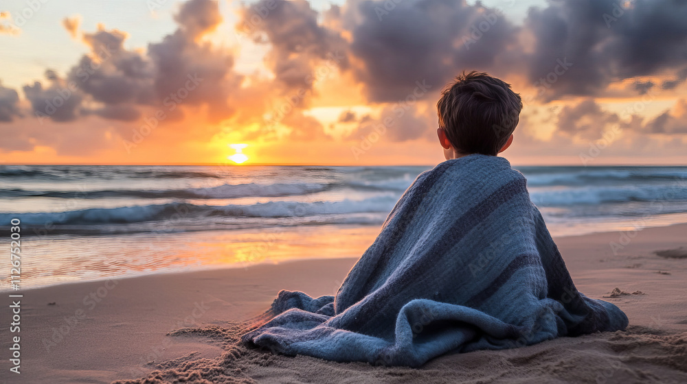 A Child Enveloped in a Blanket Watching a Beautiful Sunset by the Ocean Edge A Child Enveloped in a Blanket Watching a Beautiful Sunset by the Ocean Edge
