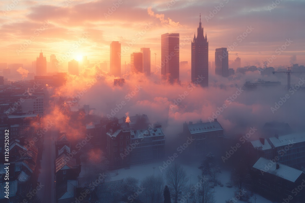 City skyline obscured by smog and sunrise in a winter landscape City skyline obscured by smog and sunrise in a winter landscape