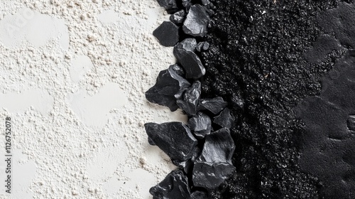 Serene Beach Scene with White Sand and Dark Volcanic Rocks Meeting the Ocean Waves photo