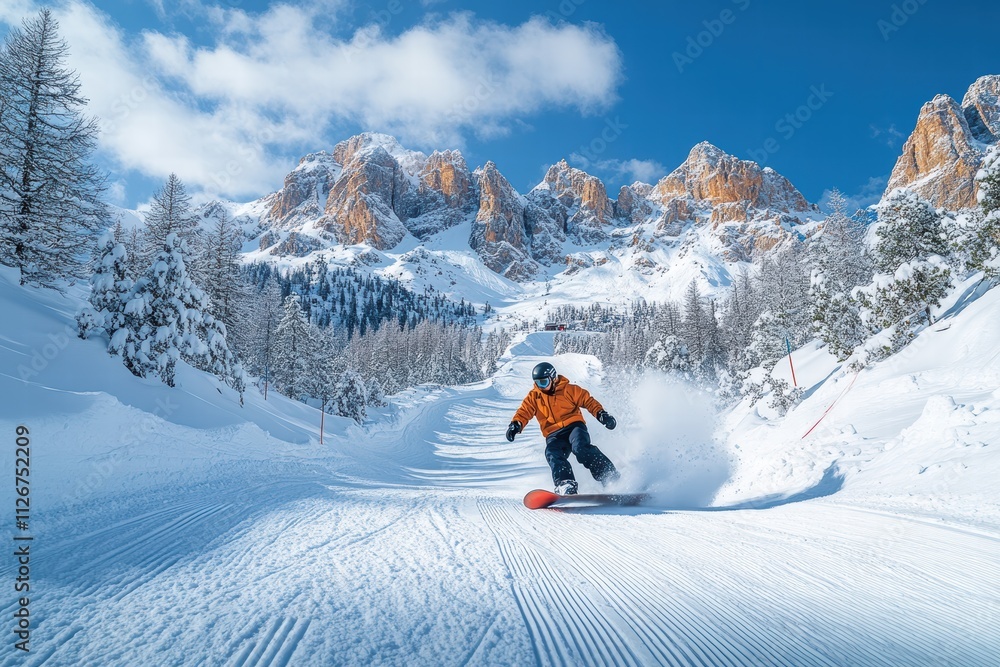 Snowboarder performs an impressive trick on a snowy mountain track under blue skies Snowboarder performs an impressive trick on a snowy mountain track under blue skies