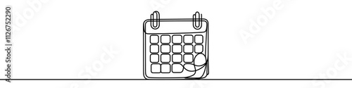 One continuous line illustration of a calendar, isolated on white background. Line art of calendar