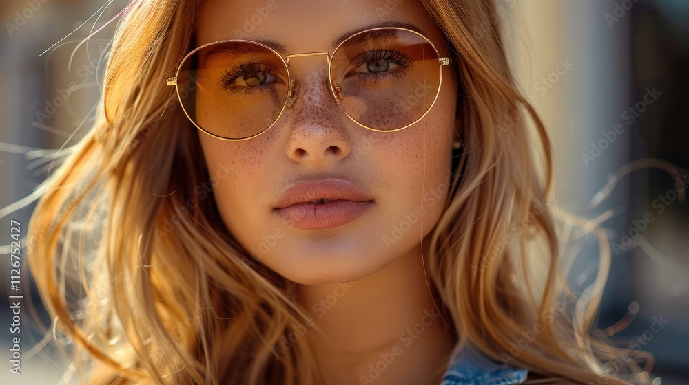 Close-up portrait of a young woman with freckles and blonde hair wearing amber sunglasses. Close-up portrait of a young woman with freckles and blonde hair wearing amber sunglasses.