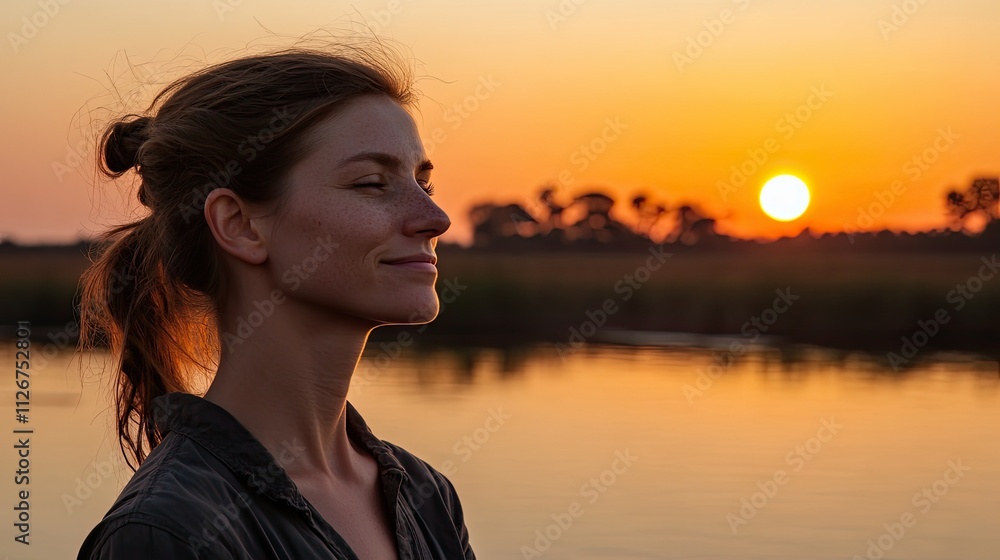 Woman enjoying sunset, peace, serenity, tranquility Woman enjoying sunset, peace, serenity, tranquility
