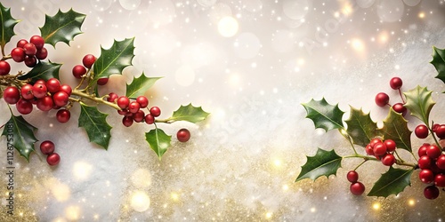 Festive Winter Holiday Background with Holly Branches and Sparkling Lights