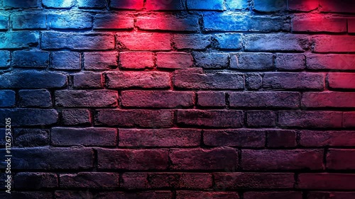 Brick wall with red and blue neon light, urban nightlife aesthetic