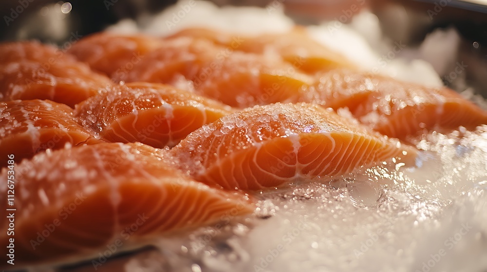 Fresh salmon fillets on ice. Fresh salmon fillets on ice.
