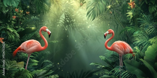Two Pink Flamingos Amidst Lush Tropical Foliage, a Serene Jungle Paradise