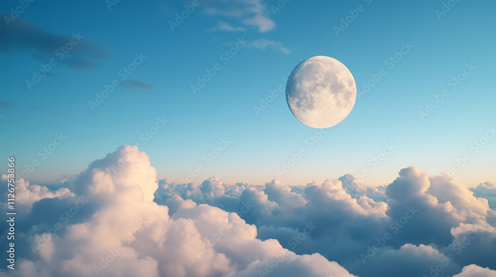 serene night sky features full moon illuminating fluffy clouds, creating tranquil atmosphere. soft blue hues enhance peaceful scene, inviting contemplation and wonder serene night sky features full moon illuminating fluffy clouds, creating tranquil atmosphere. soft blue hues enhance peaceful scene, inviting contemplation and wonder