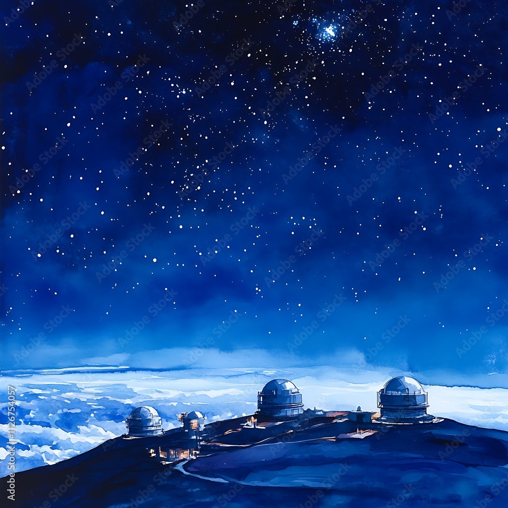 Fototapeta premium Watercolor Painting of Observatories on a Mountaintop Under a Starry Night Sky.