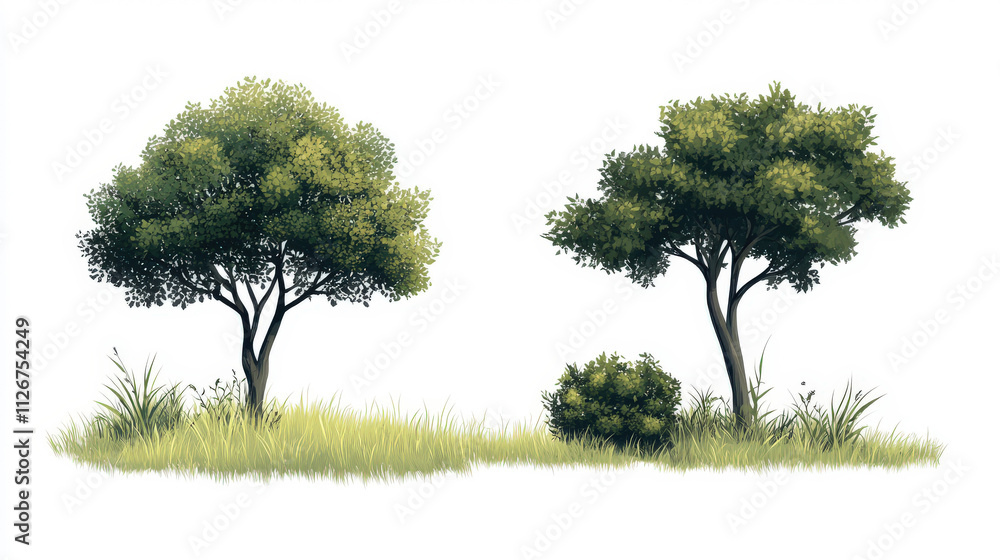 Fototapeta premium Digital Illustration of Two Stylized Trees and Shrub Surrounded by Lush Green Grass Ideal for Nature or Landscape Design Projects