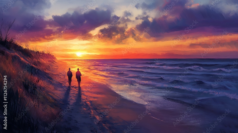 Couple Silhouetted Against a Vibrant Coastal Sunset. AI Generated Couple Silhouetted Against a Vibrant Coastal Sunset. AI Generated