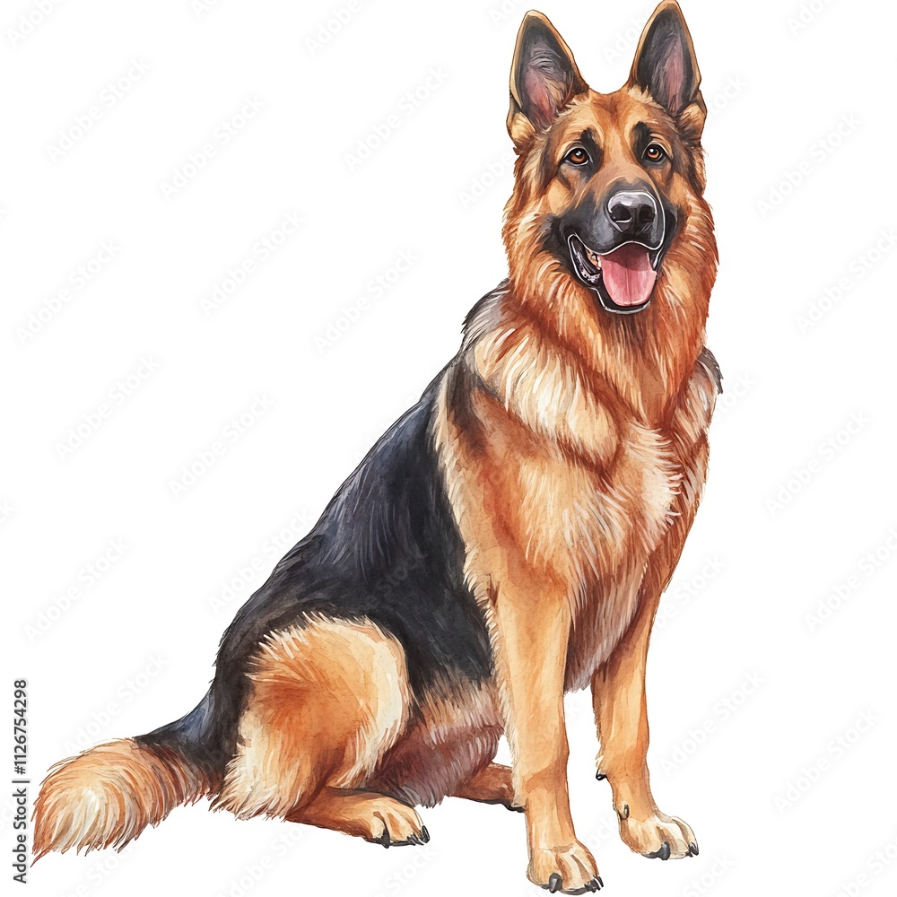 Watercolor Painting of a German Shepherd Dog Sitting. Watercolor Painting of a German Shepherd Dog Sitting.